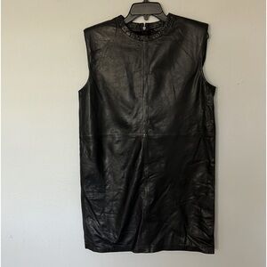 AllSaints Mika Padded Shoulder Leather shift mini dress, black, women’s size 4.